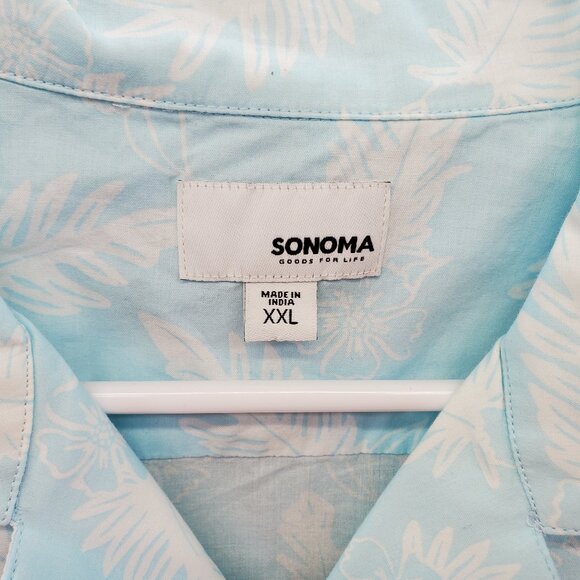 Hawaiian Short Sleeve Blue Button Up Shirt Pocket 2XL Palm Leaves - Picture 3 of 9